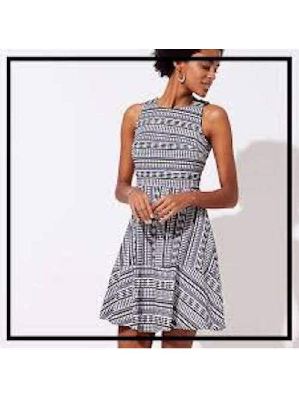 Loft EUC Women's Black White Textured Geo Print Fit & Flare Dress Size 0P